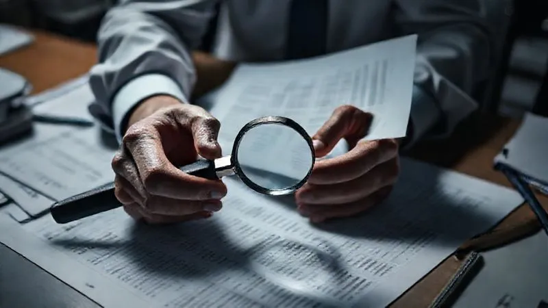 photorealistic, professional photography, 8K, cinematic lighting, sharp focus, depth of field, shot on a high-end DSLR, a person's hands meticulously organizing physical and digital documents, with a magnifying glass over a spreadsheet, in a dimly lit, serious office setting. The focus is on the evidence gathering, not the person's face.