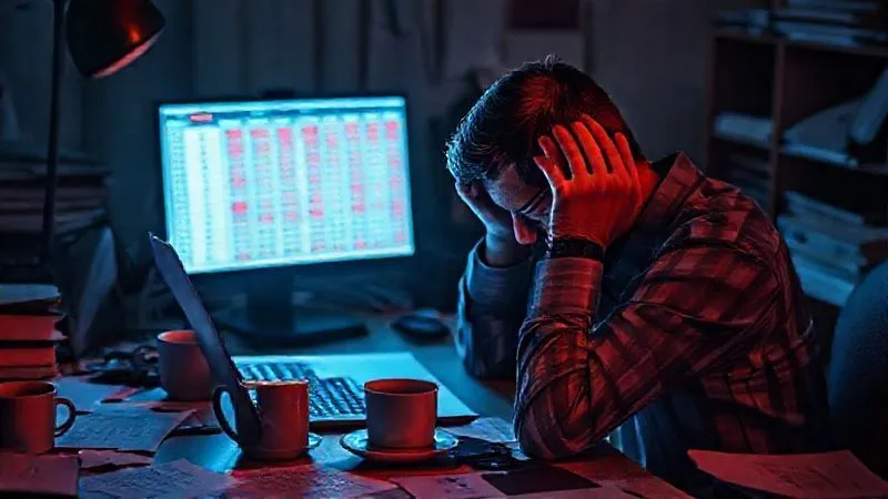 Photorealistic, professional photography, 8K, cinematic lighting, sharp focus, depth of field. A visibly stressed small business owner, head in hands, sitting at a cluttered desk late at night, illuminated by the glow of a laptop screen displaying a complex spreadsheet with red numbers. Empty coffee cups and scattered financial documents are around. The atmosphere is one of overwhelming financial pressure and urgency. Shot on a high-end DSLR.