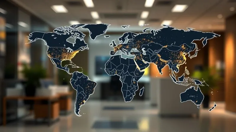 A photorealistic, detailed world map overlaid with glowing lines connecting different regions, symbolizing the interconnectedness of global ESG reporting mandates like CSRD, SFDR, TCFD, and ISSB. Professional photography, 8K, cinematic lighting, sharp focus on the glowing connections, depth of field blurring the background of a modern office. Shot on a high-end DSLR.