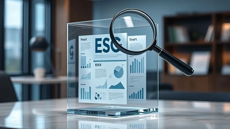 A photorealistic image of a transparent glass cube, inside which various ESG reports and data points are clearly visible and organized. A magnifying glass hovers over a section, symbolizing auditability and scrutiny. The cube is on a polished desk in a modern, well-lit office. Professional photography, 8K, cinematic lighting, sharp focus on the cube, depth of field blurring the background. Shot on a high-end DSLR.