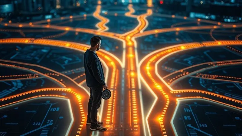 A photorealistic image of a person standing at a complex intersection of glowing digital pathways, each path representing a different ESG regulation or standard (CSRD, SFDR, TCFD, ISSB). The person is looking determined, holding a compass, symbolizing navigation through complexity. Professional photography, 8K, cinematic lighting, sharp focus on the person and pathways, depth of field blurring the background. Shot on a high-end DSLR.