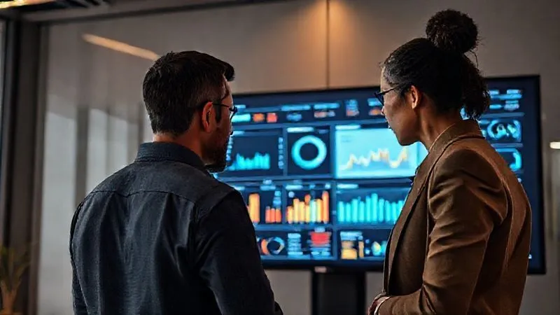 A photorealistic image of a sleek, modern data dashboard displaying various business metrics (charts, graphs, KPIs) on a large monitor, with two diverse professionals intently looking at it together. Cinematic lighting, sharp focus, 8K, shot on a high-end DSLR. A photorealistic image of a sleek, modern data dashboard displaying various business metrics (charts, graphs, KPIs) on a large monitor, with two diverse professionals intently looking at it together. Cinematic lighting, sharp focus, 8K, shot on a high-end DSLR.