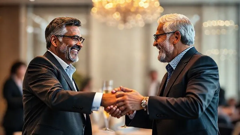 A photorealistic image of two diverse business leaders shaking hands warmly and smiling, with a celebratory atmosphere subtly in the background, perhaps a glass of champagne or a trophy blurred. Cinematic lighting, sharp focus, 8K, shot on a high-end DSLR. A photorealistic image of two diverse business leaders shaking hands warmly and smiling, with a celebratory atmosphere subtly in the background, perhaps a glass of champagne or a trophy blurred. Cinematic lighting, sharp focus, 8K, shot on a high-end DSLR.