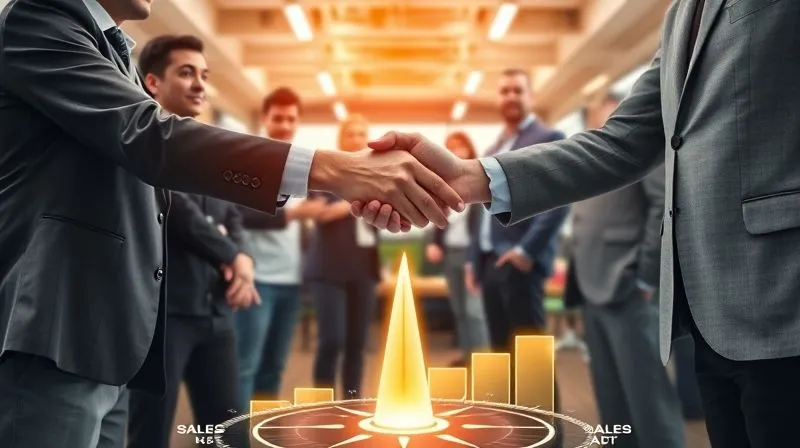 A photorealistic, professional photography, 8K, cinematic lighting, sharp focus, depth of field, shot on a high-end DSLR, depicting two diverse groups of professionals, one in marketing attire (creative, modern) and the other in sales attire (sharp, corporate), shaking hands firmly over a large, glowing graph showing upward revenue trajectory. A single, unified compass points forward in the foreground, symbolizing shared direction. The background is a collaborative, open-plan office. A photorealistic, professional photography, 8K, cinematic lighting, sharp focus, depth of field, shot on a high-end DSLR, depicting two diverse groups of professionals, one in marketing attire (creative, modern) and the other in sales attire (sharp, corporate), shaking hands firmly over a large, glowing graph showing upward revenue trajectory. A single, unified compass points forward in the foreground, symbolizing shared direction. The background is a collaborative, open-plan office.