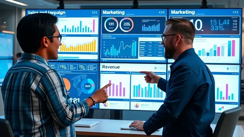 A photorealistic, professional photography, 8K, cinematic lighting, sharp focus, depth of field, shot on a high-end DSLR, depicting a sophisticated data dashboard on multiple large screens in a modern, collaborative workspace. The dashboard displays various metrics: sales pipeline velocity, marketing campaign ROI, lead conversion rates, and revenue figures, all clearly attributed to both sales and marketing efforts. Two diverse professionals, one representing sales and one marketing, are jointly analyzing the data, pointing to insights, symbolizing shared accountability and closed-loop reporting. A photorealistic, professional photography, 8K, cinematic lighting, sharp focus, depth of field, shot on a high-end DSLR, depicting a sophisticated data dashboard on multiple large screens in a modern, collaborative workspace. The dashboard displays various metrics: sales pipeline velocity, marketing campaign ROI, lead conversion rates, and revenue figures, all clearly attributed to both sales and marketing efforts. Two diverse professionals, one representing sales and one marketing, are jointly analyzing the data, pointing to insights, symbolizing shared accountability and closed-loop reporting.