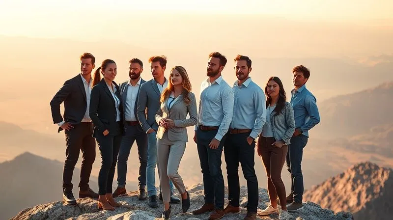 A photorealistic, professional photography, 8K, cinematic lighting, sharp focus, depth of field, shot on a high-end DSLR, depicting a diverse team of professionals, some in business attire, some in more creative clothing, standing together on a mountain peak at sunrise, looking out at a vast, clear horizon. Their expressions are determined and optimistic, symbolizing a unified team achieving a shared vision and overcoming challenges. The light is golden and inspiring. A photorealistic, professional photography, 8K, cinematic lighting, sharp focus, depth of field, shot on a high-end DSLR, depicting a diverse team of professionals, some in business attire, some in more creative clothing, standing together on a mountain peak at sunrise, looking out at a vast, clear horizon. Their expressions are determined and optimistic, symbolizing a unified team achieving a shared vision and overcoming challenges. The light is golden and inspiring.