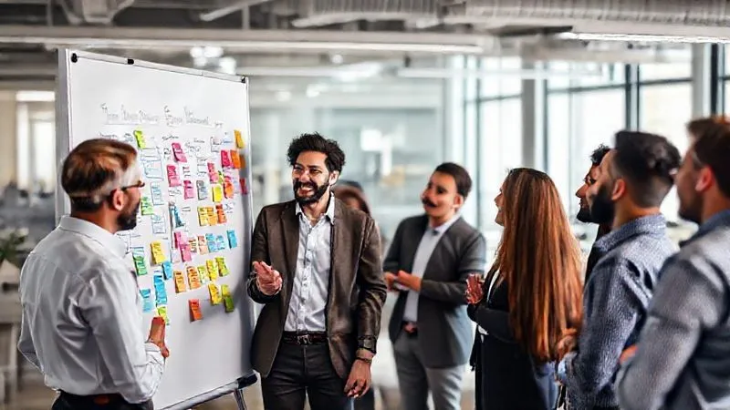 A photorealistic image of a diverse group of employees in a modern office space, actively engaged in a lively discussion around a whiteboard covered with strategic concepts and colorful sticky notes. One person is gesturing enthusiastically, while others are listening intently, symbolizing effective communication and collaborative strategic planning. Cinematic lighting, sharp focus, depth of field, 8K hyper-detailed, professional photography, shot on a high-end DSLR. A photorealistic image of a diverse group of employees in a modern office space, actively engaged in a lively discussion around a whiteboard covered with strategic concepts and colorful sticky notes. One person is gesturing enthusiastically, while others are listening intently, symbolizing effective communication and collaborative strategic planning. Cinematic lighting, sharp focus, depth of field, 8K hyper-detailed, professional photography, shot on a high-end DSLR.