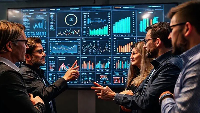 A photorealistic image of a team gathered around a large digital dashboard displaying complex data visualizations, charts, and strategic KPIs. Their expressions are focused and analytical, with some pointing at specific data points, signifying data-driven decision-making and strategic monitoring. Cinematic lighting, sharp focus on the dashboard and faces, depth of field, 8K hyper-detailed, professional photography, shot on a high-end DSLR. A photorealistic image of a team gathered around a large digital dashboard displaying complex data visualizations, charts, and strategic KPIs. Their expressions are focused and analytical, with some pointing at specific data points, signifying data-driven decision-making and strategic monitoring. Cinematic lighting, sharp focus on the dashboard and faces, depth of field, 8K hyper-detailed, professional photography, shot on a high-end DSLR.