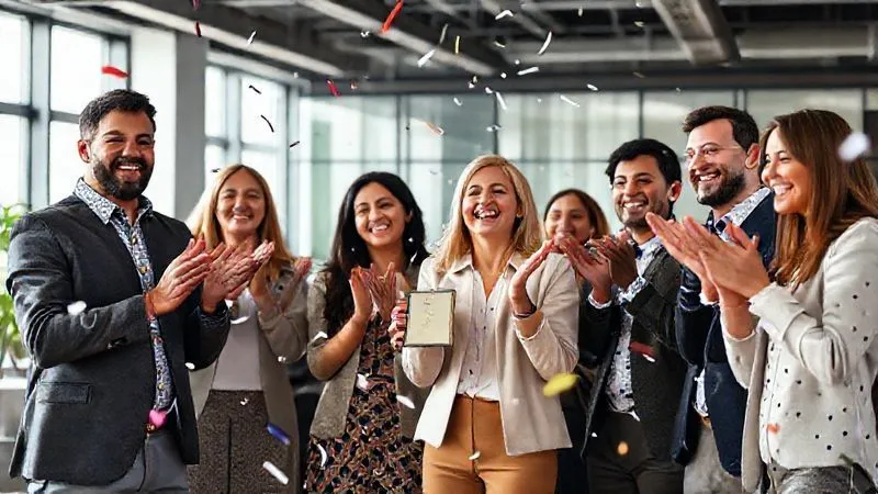 A photorealistic image of a diverse team applauding and smiling in a modern office, one team member holding a small award or recognition plaque. Confetti is subtly falling, signifying celebration and positive reinforcement for achieving strategic milestones. Cinematic lighting, sharp focus on the celebratory interaction, depth of field, 8K hyper-detailed, professional photography, shot on a high-end DSLR. A photorealistic image of a diverse team applauding and smiling in a modern office, one team member holding a small award or recognition plaque. Confetti is subtly falling, signifying celebration and positive reinforcement for achieving strategic milestones. Cinematic lighting, sharp focus on the celebratory interaction, depth of field, 8K hyper-detailed, professional photography, shot on a high-end DSLR.