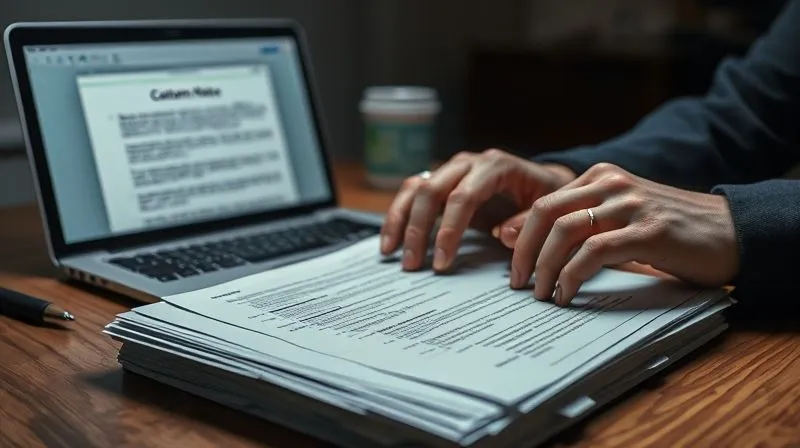 A photorealistic image of a person's hands urgently sifting through a stack of international shipping documents on a desk, a laptop displaying a customs notice in the background. The scene is lit with dramatic, focused lighting, emphasizing the urgency and meticulousness of the task. Sharp focus on the documents, depth of field blurring the background. 8K hyper-detailed, professional photography, shot on a high-end DSLR.