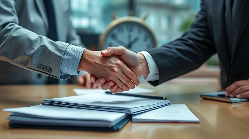 A photorealistic image of a customs official and a business professional shaking hands over a stack of documents on a desk, a blurred clock in the background indicating urgency. The scene is brightly lit, conveying a sense of resolution and efficiency. Sharp focus on the handshake and documents, depth of field blurring the background. 8K hyper-detailed, professional photography, shot on a high-end DSLR.