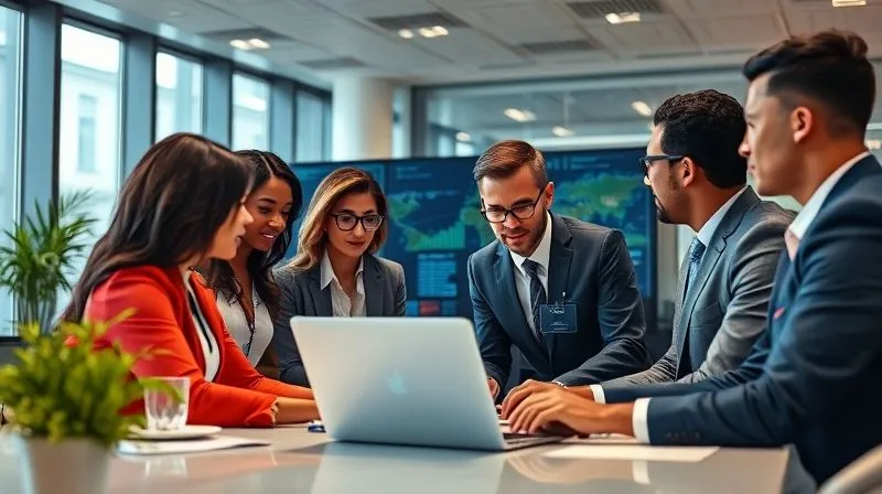 A photorealistic image of a diverse team of international business professionals in a modern office, collaboratively reviewing digital customs compliance data on a large screen. They appear focused and proactive, with subtle nods to global trade in the background. Cinematic lighting, sharp focus on the team, depth of field blurring the office background. 8K hyper-detailed, professional photography, shot on a high-end DSLR.