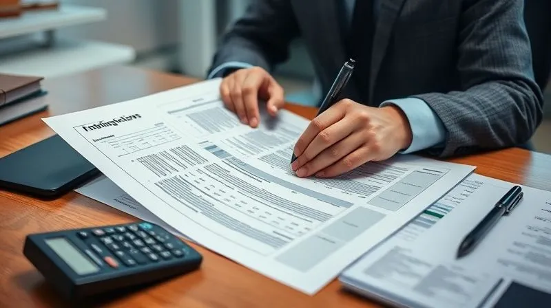A photorealistic image of a person intently studying a complex financial document, highlighted sections, with a calculator and pen nearby, sitting at a desk in a well-lit office. Professional photography, 8K, cinematic lighting, sharp focus on the document, depth of field blurring the background, creating a sense of deep concentration and analysis.