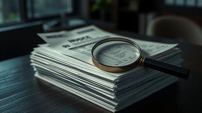 A photorealistic image of a stack of invoices and receipts, some highlighted, with a magnifying glass scrutinizing small print, on a dark wooden table. Cinematic lighting creates dramatic shadows, sharp focus on the details of the documents, depth of field blurs a background of a dimly lit office, 8K hyper-detailed, professional photography.