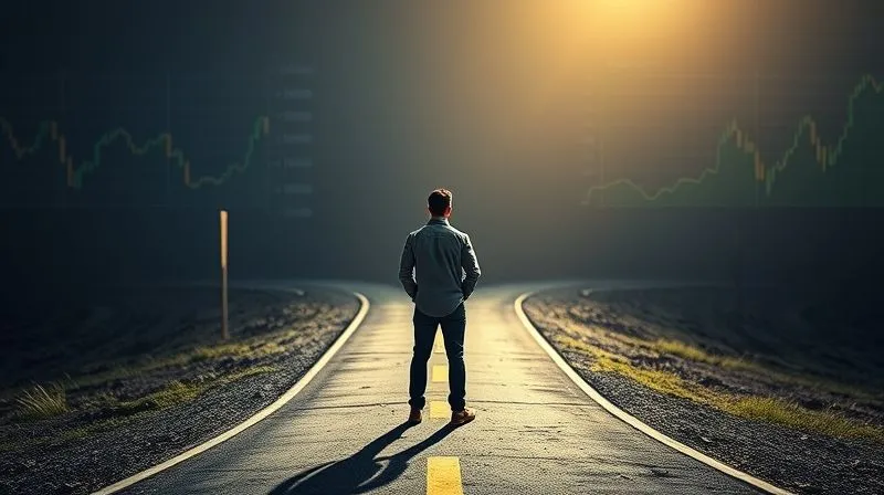 A photorealistic image of a person standing at a crossroads, looking at multiple diverging paths, with financial charts subtly overlaid in the background. The lighting is dramatic, suggesting a moment of critical decision-making. Sharp focus on the person, depth of field blurring the background, 8K hyper-detailed, professional photography.