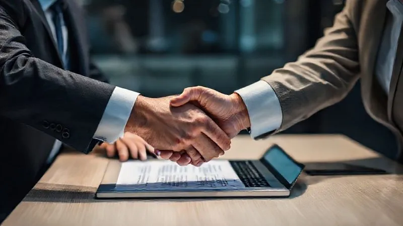 A photorealistic image of two business professionals shaking hands over a table with a laptop displaying a digital contract, symbolizing a successful negotiation and closing a deal. Professional photography, 8K, cinematic lighting, sharp focus on the handshake, depth of field blurring the background, shot on a high-end DSLR. A photorealistic image of two business professionals shaking hands over a table with a laptop displaying a digital contract, symbolizing a successful negotiation and closing a deal. Professional photography, 8K, cinematic lighting, sharp focus on the handshake, depth of field blurring the background, shot on a high-end DSLR.
