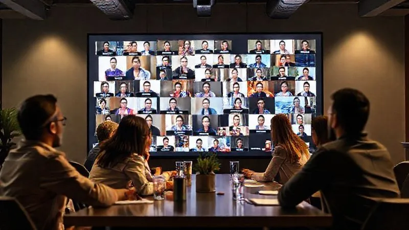 A photorealistic image of diverse individuals engaging in a virtual community meeting on a large screen, with chat windows and video feeds, symbolizing a thriving affiliate network. Professional photography, 8K, cinematic lighting, sharp focus on the screen, depth of field, shot on a high-end DSLR. A photorealistic image of diverse individuals engaging in a virtual community meeting on a large screen, with chat windows and video feeds, symbolizing a thriving affiliate network. Professional photography, 8K, cinematic lighting, sharp focus on the screen, depth of field, shot on a high-end DSLR.