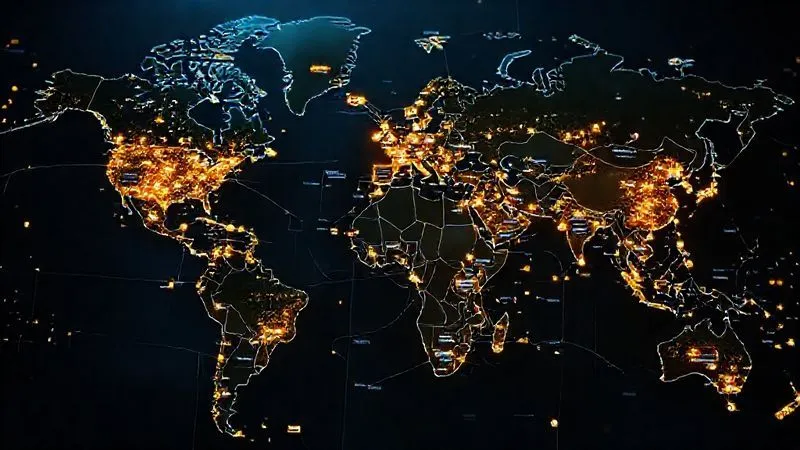 A photorealistic, detailed interactive map showing global supply chains, with various nodes representing factories and transport routes, highlighted areas indicating risk zones, 8K, cinematic lighting, sharp focus on the interconnectedness. A photorealistic, detailed interactive map showing global supply chains, with various nodes representing factories and transport routes, highlighted areas indicating risk zones, 8K, cinematic lighting, sharp focus on the interconnectedness.