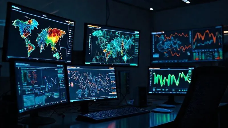 A photorealistic, professional photography shot of a data scientist's desk, with multiple screens displaying complex supply chain data visualizations – heat maps, network graphs, anomaly detection charts – reflecting deep analysis, cinematic lighting, sharp focus on the interconnected data points. A photorealistic, professional photography shot of a data scientist's desk, with multiple screens displaying complex supply chain data visualizations – heat maps, network graphs, anomaly detection charts – reflecting deep analysis, cinematic lighting, sharp focus on the interconnected data points.