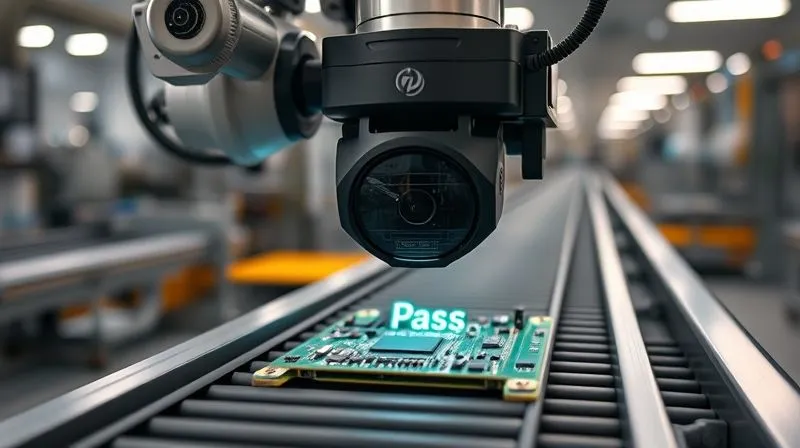 photorealistic, professional photography, 8K, cinematic lighting, sharp focus, depth of field, shot on a high-end DSLR. A high-speed industrial machine vision camera mounted on a robotic arm, precisely inspecting a circuit board on a conveyor belt. The scene is illuminated by crisp, directed LED lights, highlighting intricate details on the board. A digital overlay of a green 'pass' indicator is subtly visible on the circuit board, demonstrating automated quality assessment.