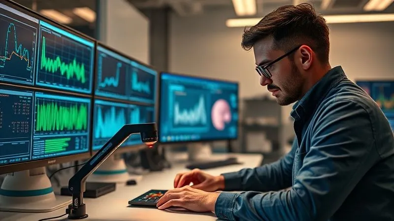 photorealistic, professional photography, 8K, cinematic lighting, sharp focus, depth of field, shot on a high-end DSLR. A data scientist working in a modern, brightly lit lab, surrounded by large screens displaying complex data visualizations and machine learning models. On the desk, a physical product sample (e.g., a circuit board or a machined part) is being scanned by a small, precise laser, feeding data into the system. The scientist is focused, indicating intense data collection and algorithm training for quality control.