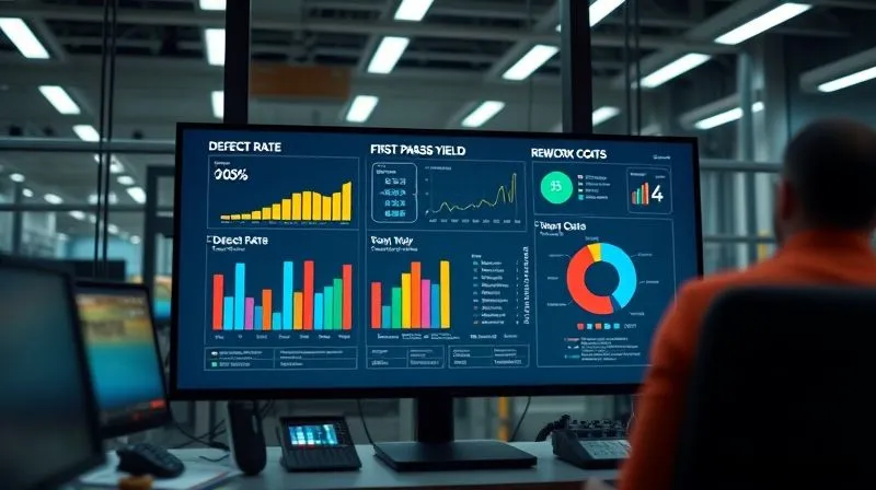 photorealistic, professional photography, 8K, cinematic lighting, sharp focus, depth of field, shot on a high-end DSLR. A vibrant, professional dashboard displayed on a large monitor in a modern control room. The dashboard shows various quality control KPIs with clear graphs and numerical readouts: a declining bar chart for 'Defect Rate', an upward trend line for 'First Pass Yield', and a pie chart for 'Rework Costs'. The colors are clean and professional, conveying data-driven success and operational excellence.