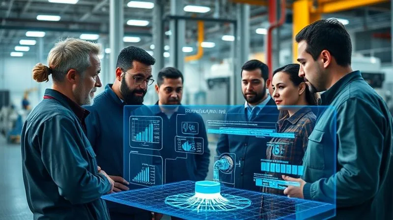 photorealistic, professional photography, 8K, cinematic lighting, sharp focus, depth of field, shot on a high-end DSLR. A diverse team of engineers and operators collaboratively reviewing a holographic projection of a complex manufacturing process on a modern factory floor. The projection shows real-time quality metrics and predictive analytics, symbolizing a future of fully integrated, human-supervised automated quality control. The atmosphere is one of innovation and shared success, with subtle blue and green light illuminating their faces.