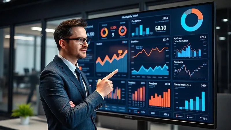 A photorealistic, professional photography, 8K, cinematic lighting, sharp focus, depth of field, shot on a high-end DSLR of a sleek, modern business dashboard displayed on a large monitor, showing clear, actionable insights through well-designed charts and graphs. A business professional is pointing confidently at a key metric, with a sense of understanding and control. The data is visually appealing and easy to interpret. A photorealistic, professional photography, 8K, cinematic lighting, sharp focus, depth of field, shot on a high-end DSLR of a sleek, modern business dashboard displayed on a large monitor, showing clear, actionable insights through well-designed charts and graphs. A business professional is pointing confidently at a key metric, with a sense of understanding and control. The data is visually appealing and easy to interpret.