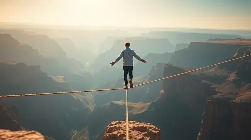 A photorealistic image of a leader walking a tightrope across a vast canyon, with a subtle glow of resilience around them, symbolizing the delicate balance of leadership and self-preservation. Cinematic lighting, sharp focus on the leader, depth of field blurring the background, 8K hyper-detailed, professional photography, shot on a high-end DSLR. A photorealistic image of a leader walking a tightrope across a vast canyon, with a subtle glow of resilience around them, symbolizing the delicate balance of leadership and self-preservation. Cinematic lighting, sharp focus on the leader, depth of field blurring the background, 8K hyper-detailed, professional photography, shot on a high-end DSLR.