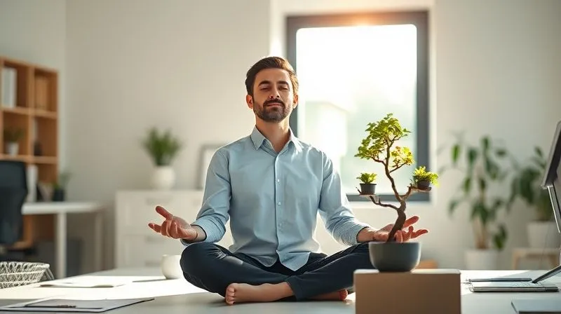 A photorealistic, professional photography, 8K, cinematic lighting, sharp focus, depth of field, shot on a high-end DSLR, depicting a leader in business casual attire meditating peacefully in a sunlit, minimalist office space, a small bonsai tree on their desk. The atmosphere is serene and calm, symbolizing inner peace amidst a demanding environment. A photorealistic, professional photography, 8K, cinematic lighting, sharp focus, depth of field, shot on a high-end DSLR, depicting a leader in business casual attire meditating peacefully in a sunlit, minimalist office space, a small bonsai tree on their desk. The atmosphere is serene and calm, symbolizing inner peace amidst a demanding environment.