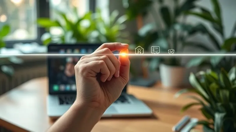 A photorealistic image of a person's hand drawing a clear, glowing line separating a laptop (showing work-related icons) from a serene, plant-filled personal space, cinematic lighting, sharp focus on the hand and the boundary, depth of field blurring the background, 8K hyper-detailed, professional photography.