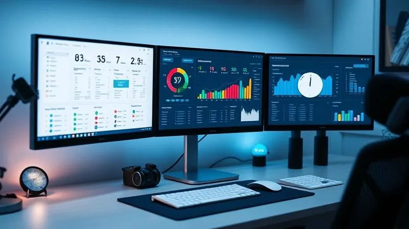 A photorealistic image of a minimalist desk setup with multiple digital screens showing organized project management dashboards, a world clock widget, and a calendar, all glowing with soft, productive light, cinematic lighting, sharp focus on the screens, depth of field blurring the background, 8K hyper-detailed, professional photography.