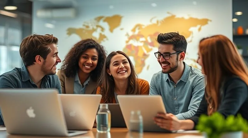 A photorealistic image of a diverse group of young professionals smiling and interacting in a modern co-working space, with laptops open but engaged in conversation, a world map subtly in the background, cinematic lighting, sharp focus on the faces, depth of field blurring the background, 8K hyper-detailed, professional photography.