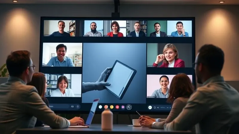 A photorealistic image of a diverse remote team engaging in a virtual meeting on a large screen, with smaller windows showing individual team members. The atmosphere is collaborative and focused, with clear visual cues. Professional photography, 8K, cinematic lighting, sharp focus on the main screen, depth of field, shot on a high-end DSLR. A photorealistic image of a diverse remote team engaging in a virtual meeting on a large screen, with smaller windows showing individual team members. The atmosphere is collaborative and focused, with clear visual cues. Professional photography, 8K, cinematic lighting, sharp focus on the main screen, depth of field, shot on a high-end DSLR.