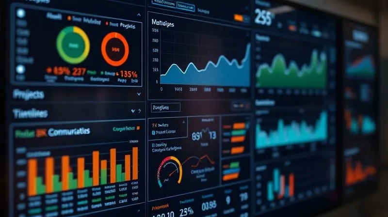 A photorealistic image of a digital dashboard displaying various project metrics, timelines, and communication flows, with highlighted areas indicating efficient decision-making processes. The screen is clear and modern, with a subtle glow. Professional photography, 8K, cinematic lighting, sharp focus on the data, depth of field, shot on a high-end DSLR. A photorealistic image of a digital dashboard displaying various project metrics, timelines, and communication flows, with highlighted areas indicating efficient decision-making processes. The screen is clear and modern, with a subtle glow. Professional photography, 8K, cinematic lighting, sharp focus on the data, depth of field, shot on a high-end DSLR.