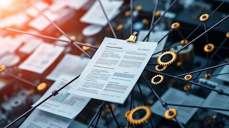A highly detailed, photorealistic image of a complex web of interconnected legal documents and digital compliance dashboards, with small gears turning smoothly in the background, symbolizing an organized system. Cinematic lighting, sharp focus on the central documents, depth of field blurring the background. 8K hyper-detailed, professional photography, shot on a high-end DSLR.