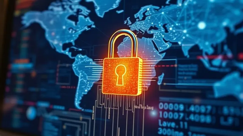 A photorealistic, highly detailed image of a digital padlock glowing securely on a screen, with lines of code and abstract data streams flowing around it, symbolizing robust cybersecurity. In the background, a blurred network of global connections. Cinematic lighting, sharp focus on the padlock, depth of field blurring the background. 8K hyper-detailed, professional photography, shot on a high-end DSLR.