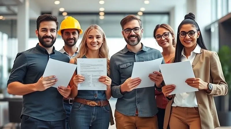 A photorealistic image of a diverse group of small business owners from different industries (e.g., a chef, a construction worker, a healthcare professional, an e-commerce entrepreneur), each holding a legal document specific to their field, looking determined and informed. They are standing together in a modern, well-lit setting. Cinematic lighting, sharp focus on the individuals and their documents, depth of field blurring the background. 8K hyper-detailed, professional photography, shot on a high-end DSLR.