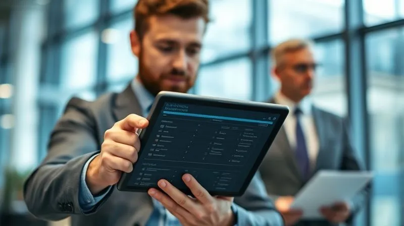 A photorealistic, professional image of a small business owner confidently interacting with a sleek, modern compliance software dashboard on a tablet, while in the background, a legal professional (blurred but recognizable) is advising another client. The scene is well-lit, symbolizing clarity and efficiency. Cinematic lighting, sharp focus on the tablet and owner, depth of field blurring the background. 8K hyper-detailed, professional photography, shot on a high-end DSLR.