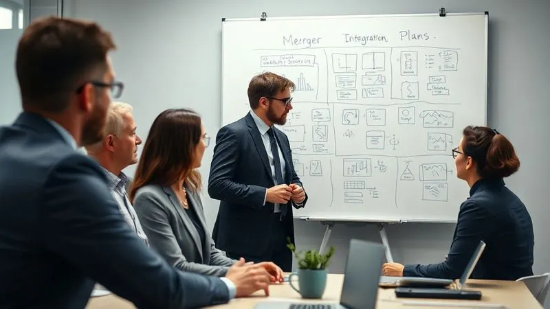 Photorealistic, professional photography, 8K, cinematic lighting, sharp focus, depth of field. A diverse group of business professionals in a modern office, some engaged in intense discussion, others looking at a whiteboard filled with complex merger integration plans, conveying a sense of strategic challenge and human interaction. Shot on a high-end DSLR. Photorealistic, professional photography, 8K, cinematic lighting, sharp focus, depth of field. A diverse group of business professionals in a modern office, some engaged in intense discussion, others looking at a whiteboard filled with complex merger integration plans, conveying a sense of strategic challenge and human interaction. Shot on a high-end DSLR.