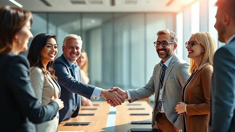 Photorealistic, professional photography, 8K, cinematic lighting, sharp focus, depth of field. A diverse group of executives from two different companies shaking hands and smiling warmly, symbolizing a successful merger. The background is a modern, sunlit corporate boardroom, conveying unity and optimism. Shot on a high-end DSLR. Photorealistic, professional photography, 8K, cinematic lighting, sharp focus, depth of field. A diverse group of executives from two different companies shaking hands and smiling warmly, symbolizing a successful merger. The background is a modern, sunlit corporate boardroom, conveying unity and optimism. Shot on a high-end DSLR.