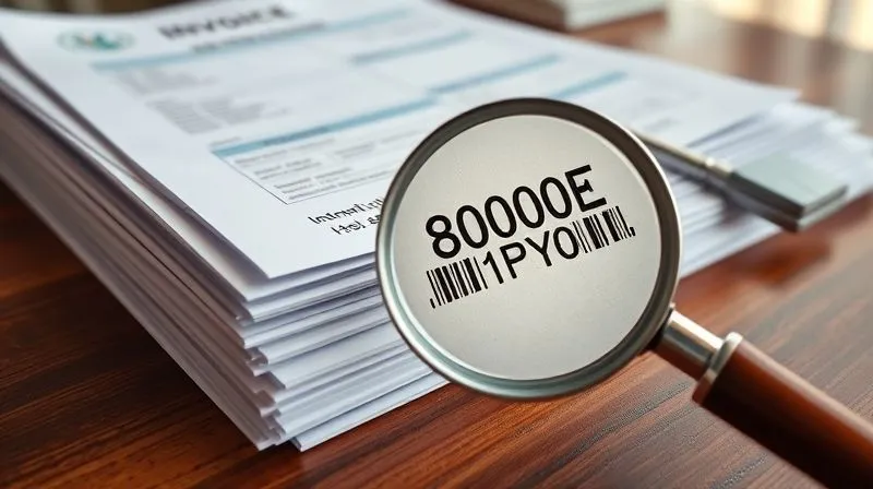 A photorealistic close-up of a stack of meticulously organized international shipping documents (commercial invoice, packing list, bill of lading) on a polished wooden desk, with a magnifying glass highlighting a perfectly filled-out HS code field. Cinematic lighting, sharp focus, depth of field, 8K professional photography.