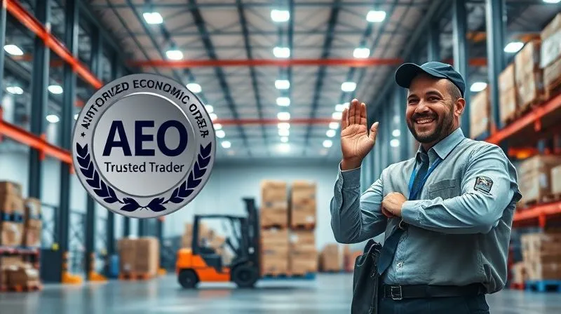 A photorealistic, professional photography, 8K, cinematic lighting, sharp focus, depth of field, shot on a high-end DSLR of a secure, modern warehouse facility with a large "Authorized Economic Operator" (AEO) or "Trusted Trader" certificate prominently displayed. A forklift is efficiently moving cargo, and a customs officer is smiling and nodding, indicating smooth operations.