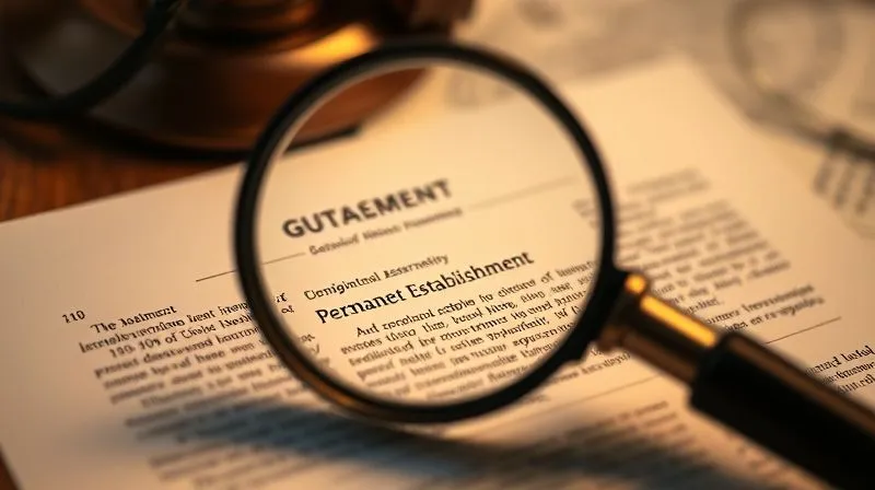 photorealistic, professional photography, 8K, cinematic lighting, sharp focus, depth of field, shot on a high-end DSLR, a detailed legal document with a magnifying glass hovering over complex clauses related to 'permanent establishment,' with blurred international borders in the background. The scene evokes meticulous scrutiny and legal precision. photorealistic, professional photography, 8K, cinematic lighting, sharp focus, depth of field, shot on a high-end DSLR, a detailed legal document with a magnifying glass hovering over complex clauses related to 'permanent establishment,' with blurred international borders in the background. The scene evokes meticulous scrutiny and legal precision.