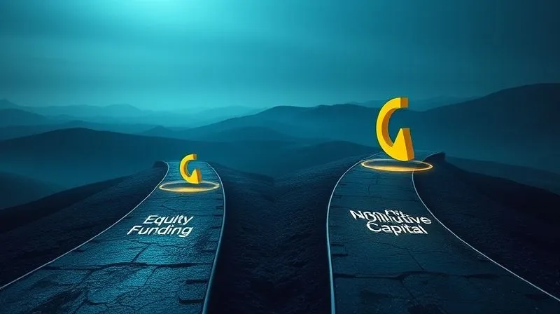 A photorealistic conceptual image depicting two diverging paths: one path is labeled 'Equity Funding' and leads to a smaller, fragmented pie chart, while the other path is labeled 'Non-Dilutive Capital' and leads to a larger, whole pie chart. The paths are on a dimly lit, futuristic landscape, with cinematic lighting, sharp focus on the diverging paths, depth of field blurring the background, 8K hyper-detailed, professional photography, shot on a high-end DSLR.