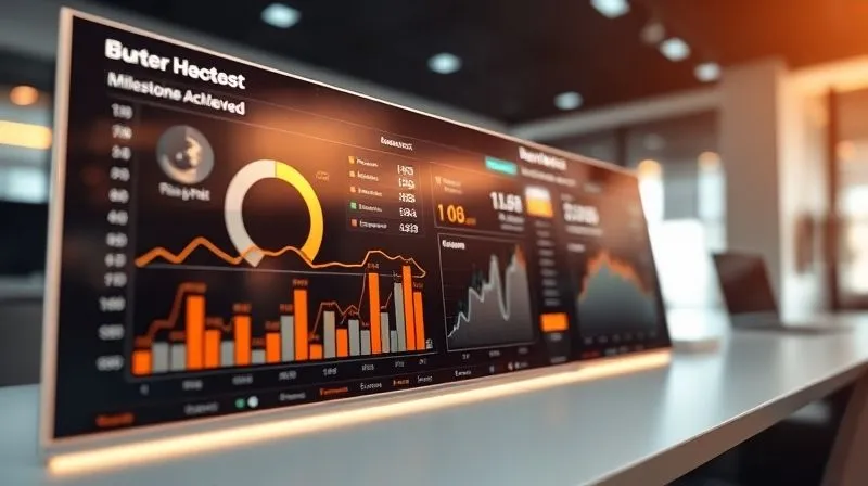A photorealistic image of a sophisticated financial dashboard displaying various metrics like 'Burn Rate', 'Runway', 'Milestones Achieved', and 'Investor Interest' on a sleek, glowing interface. The dashboard is in sharp focus, with a blurred background of a modern office, cinematic lighting, depth of field, 8K hyper-detailed, professional photography, shot on a high-end DSLR.