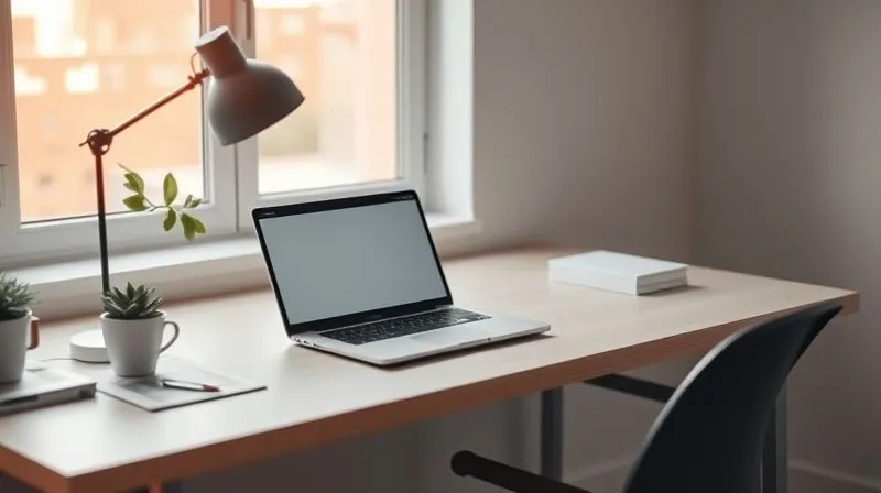 A photorealistic image of a minimalist, well-organized startup office desk with a single laptop, a cup of coffee, and a small, potted plant, illuminated by soft, natural light coming through a window. The scene conveys efficiency and resourcefulness, with sharp focus on the desk, depth of field blurring the background, 8K hyper-detailed, professional photography, shot on a high-end DSLR.