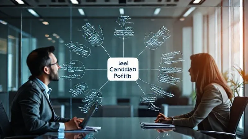 A photorealistic image of a detailed mind map radiating from a central 'Ideal Candidate Profile' node, with branches for 'Skills', 'Experience', 'Cultural Fit', 'Motivation', 'Problem Solving', and 'Learning Agility'. The map is displayed on a high-tech transparent screen in a modern HR office, with two diverse professionals thoughtfully reviewing it. Professional photography, 8K, cinematic lighting, sharp focus on the mind map, depth of field, shot on a high-end DSLR. A photorealistic image of a detailed mind map radiating from a central 'Ideal Candidate Profile' node, with branches for 'Skills', 'Experience', 'Cultural Fit', 'Motivation', 'Problem Solving', and 'Learning Agility'. The map is displayed on a high-tech transparent screen in a modern HR office, with two diverse professionals thoughtfully reviewing it. Professional photography, 8K, cinematic lighting, sharp focus on the mind map, depth of field, shot on a high-end DSLR.