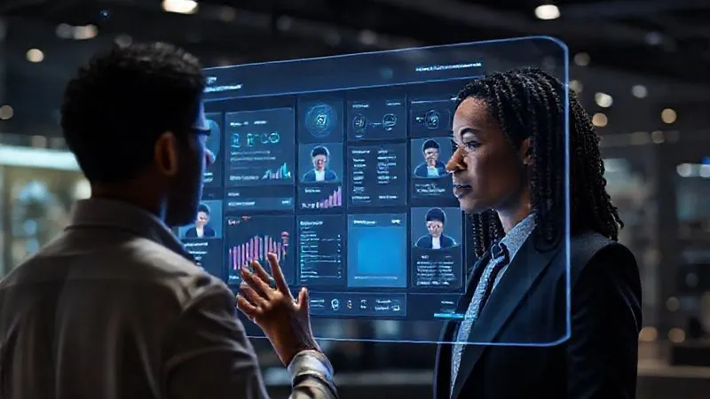 A photorealistic, sleek user interface of an AI-powered recruitment platform, displaying candidate profiles with data visualizations like skill graphs, personality traits, and compatibility scores. A diverse HR professional is interacting with a holographic screen, making data-driven decisions. Professional photography, 8K, cinematic lighting, sharp focus on the interface and professional, depth of field, shot on a high-end DSLR. A photorealistic, sleek user interface of an AI-powered recruitment platform, displaying candidate profiles with data visualizations like skill graphs, personality traits, and compatibility scores. A diverse HR professional is interacting with a holographic screen, making data-driven decisions. Professional photography, 8K, cinematic lighting, sharp focus on the interface and professional, depth of field, shot on a high-end DSLR.