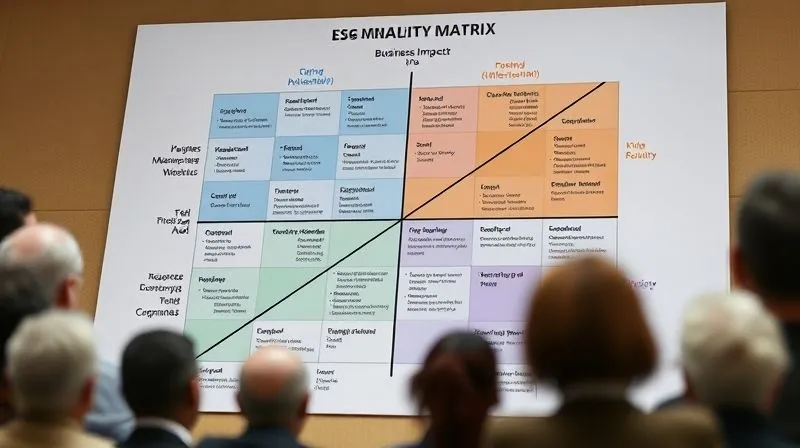 A photorealistic image of a complex materiality matrix chart with various ESG topics plotted across two axes (business impact vs. stakeholder importance), with a clear focus on the top-right quadrant. The chart is clean, professional, and visually engaging, surrounded by subtle representations of diverse stakeholders. Cinematic lighting, sharp focus, depth of field, 8K, professional photography, shot on a high-end DSLR.